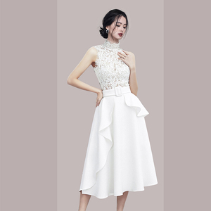 2024夏季新款法式蕾丝拼接连衣裙白色收腰中长款名媛气质高端轻奢