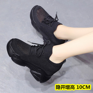 韩国超高跟透气老爹鞋内增高10cm黑色网面鞋飞织运动鞋镂空凉鞋女