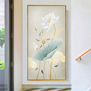 手绘油画荷花九鱼新中式玄关装饰画竖版过道走廊客厅挂画进门壁画