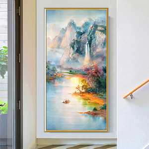 手绘油画新中式客厅进门玄关装饰画竖版现代走廊壁画风景山水挂画