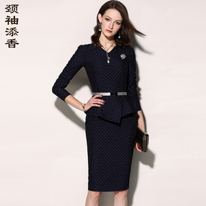 颈袖添香秋冬季新款女装时尚波点荷叶边一步裙九分袖ol连衣裙通勤