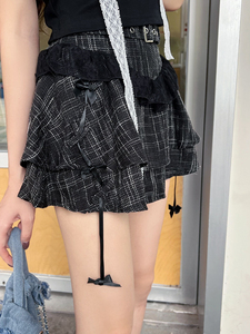 77lin 原创甜酷设计感黑色格纹半裙女夏季显瘦百褶裙蓬蓬休闲短裙