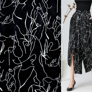 黑底涂鸦缠线条图案 春夏印花布料 女装童装连衣裙麻纱做衣服面料