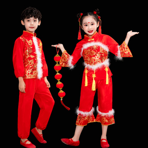 新款儿童秧歌演出服元旦喜庆开门红民族扇子表演服女童腰鼓舞蹈服