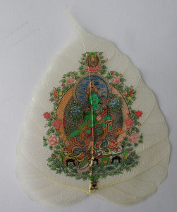 绿度母 菩提叶叶脉画工艺艺术品 西藏特色藏传佛教高档礼品