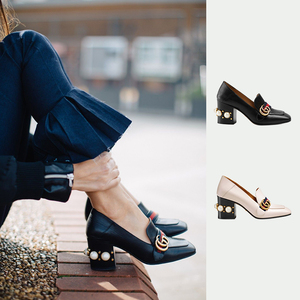 gucci古驰女鞋gg金扣穆勒鞋方头珍珠高跟鞋 425943