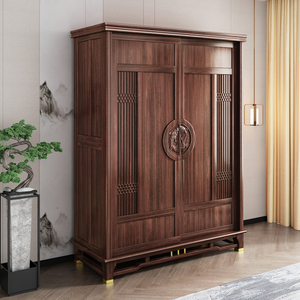 新中式乌金木衣柜实木2门卧室小户型推拉滑移门轻奢大气主卧家具