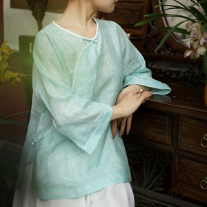 青碧-中式中国风古典禅意茶服高端手工盘扣倒大袖春夏圆领上衣女