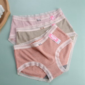 正品彩田内裤女秋冬磨毛格子蕾丝边中腰舒适色纱棉抗菌档女生裤头