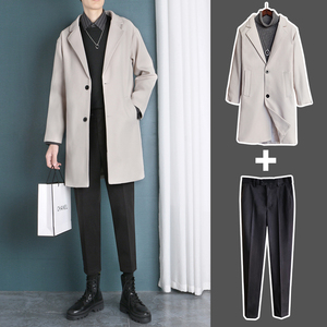 毛呢大衣男冬季加厚双排扣呢子外套成熟稳重男装套装裤子一套搭配