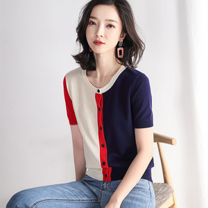 针织衫女开衫夏季薄款圆领拼色百搭天丝短袖针织上衣短款开衫外套