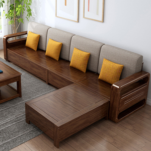 2020新款胡桃木实木沙发客厅整装拆洗布艺套装中式大储物木质家具