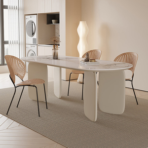 奶油风岩板实木餐桌法式椭圆形白色烤漆小户型现代简约侘寂风餐桌