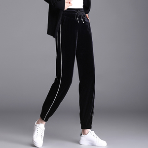 黑色运动裤女束脚宽松2022秋春绒新加款大码金丝九分哈伦休闲裤子