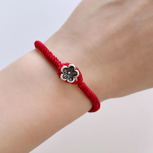 925纯银小花红绳手链手工编织手绳个性diy手饰简约大气复古风礼物