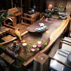 曲水流觞禅意茶桌椅组合循环流水养鱼茶台实木微景观茶几风水假山