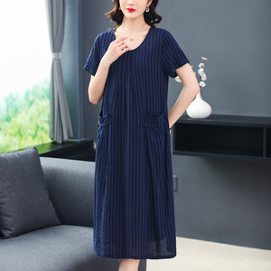 妈妈夏装连衣裙短袖新款薄40岁50洋气大码中老年女装棉麻气质裙子