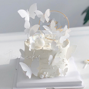 糯米纸蝴蝶蛋糕装饰白色威化纸质蝴蝶插件珍珠糖透明生日插牌羽毛