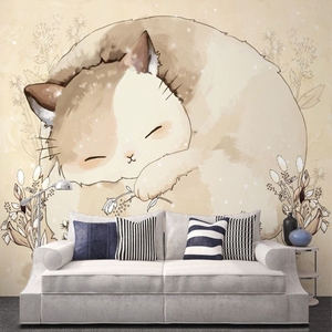 卡通卧室墙纸温馨简约儿童房环保壁纸可爱猫咪背景墙大型壁画