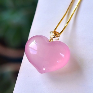 天然莫桑比克星光粉晶心形吊坠项链芙蓉石精雕爱心18k金镶嵌大号