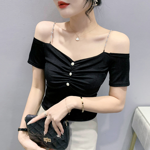 一字肩上衣女2022夏装新款性感露肩锁骨t恤短袖修身显瘦吊带小衫