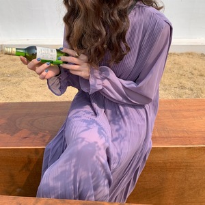 韩国chic夏季高级感洋气木耳边立领紫色长款百褶雪纺衬衫连衣裙女
