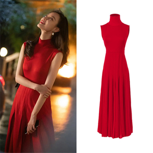 朱锁锁倪妮明星同款红色连衣裙2023夏季新款气质优雅修身针织长裙