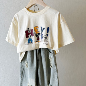 包邮韩版卡通特价儿童夏季中性体恤薄款纯棉 卡通字母HEY短袖T恤