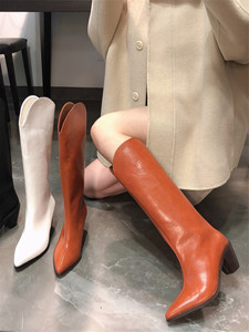 韩国东大门秋冬套筒粗跟长筒靴女百搭复古橘色尖头v字口显瘦长靴