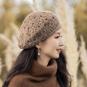 帽子女春秋圆脸适合的镂空钩织包头帽时尚气质名媛手工毛线贝雷帽
