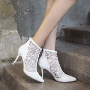 性感尖头蕾丝高跟短靴白色镂空靴透气镂空网靴大码43 44 45 46 47