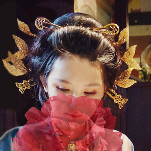 飞天金叶子发簪唐风头饰汉服发饰坦领唐制发冠唐装簪鱼尾发钗古风