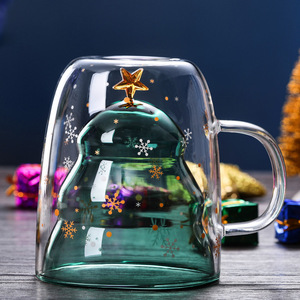 星愿圣诞玻璃杯家用带盖水杯网红防烫耐热双层玻璃杯大容量情侣杯