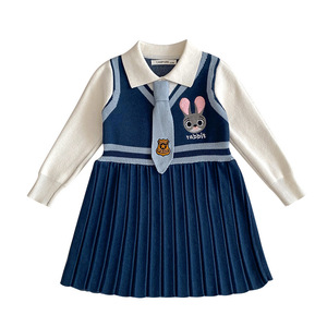 女童海军风兔子针织裙公主裙24春装儿童学院风假两件毛衣裙连衣裙