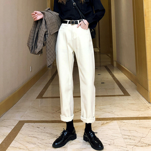 哈伦裤女宽松牛仔米色