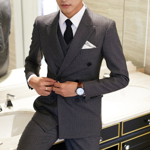 双排扣西服套装男 英伦风新郎结婚服装男 婚礼西装套装男修身条纹