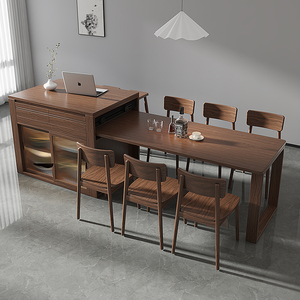 新中式胡桃木现代简约实木岛台餐桌餐椅吧台一体储物收纳柜子定制