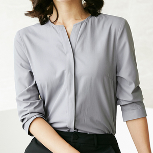 雀后新款七分袖白色衬衫女无领休闲上衣正装暗扣衬衣