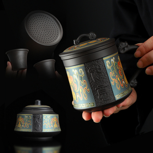 康乐品紫砂茶杯高档个人专用带盖过滤茶水分离杯新中式三亩陶茶罐