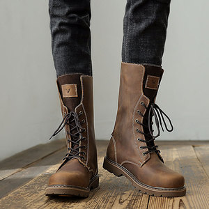 夏季复古工装马丁靴男英伦风高帮长筒皮靴百搭真皮情侣透气靴子