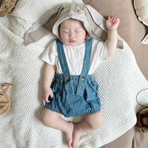 韩国同款婴童背带短裤婴儿夏装短袖T恤灯笼裤两件套装宝宝洋气牛