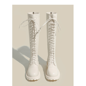 白色长靴2022年新款冬季加绒长筒靴女马丁骑士靴系带厚底高筒靴子