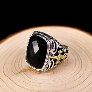 黑宝石戒指纯银男士黑色玛瑙戒子食指戒复古个性潮配饰时尚开调节