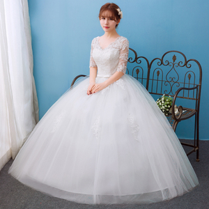 韩式2024新款秋季齐地蕾丝婚纱礼服新娘结婚一字肩中袖大码拖尾