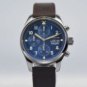 观辰定制钢款石英计时大飞行员复古冰蓝夜光防水手表男