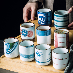 日式手绘和风陶瓷直身杯 复古茶杯小酒杯单个彩绘喝茶杯水杯杯子