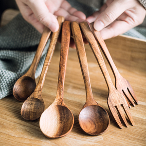 日式长柄木勺子沙拉勺木质料理勺大小号儿童木勺叉勺餐具组合套装