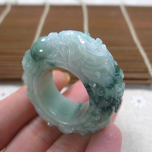 缅甸天然a货翡翠 冰润老种精雕霸气九五至尊扳指九龙戒指22