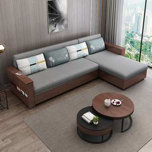 新中式实木沙发床可折叠双人贵妃多功能转角布艺沙发储物坐卧两用