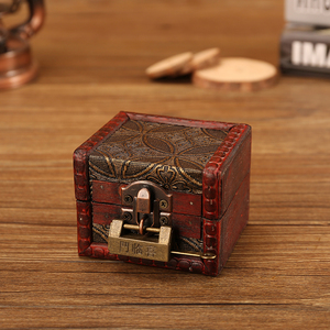 仿古木制首饰盒戒指耳环印章收纳盒8cm正方形带锁盒子密码锁宝盒